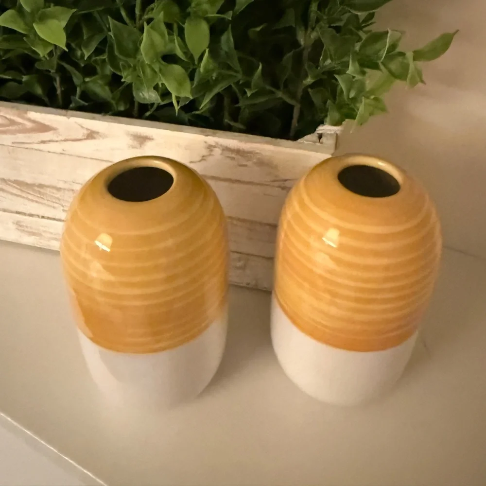 IKEA Knaprig Stoneware Beehive Cylinder Vases in Yellow and White Vintage